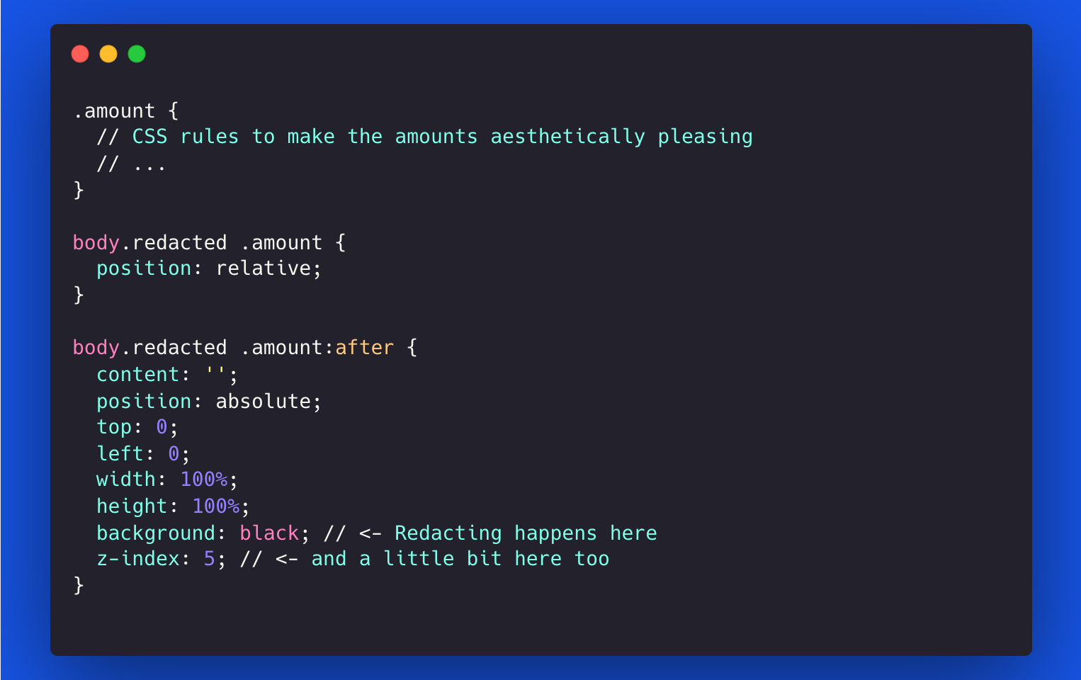 Code for redacting amounts with CSS pseudo-elements